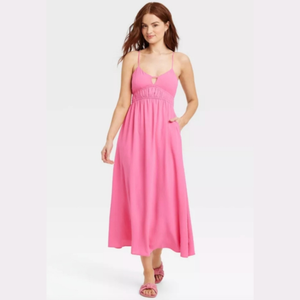 A New Day Hot Pink Maxi Sundress M Barbiecore Spaghetti Strap Spring Break Dress